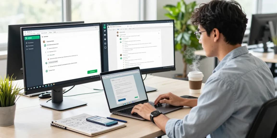 Using WhatsApp網頁版 in a modern tech workspace with dual monitors and vibrant office environment.