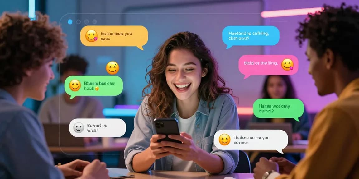 Young woman laughing while using her phone for spicy chat interactions with colorful chat bubbles in a vibrant setting.
