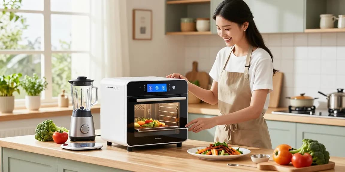 Home cook using AI cooking gadgets to prepare a gourmet meal in a bright modern kitchen.
