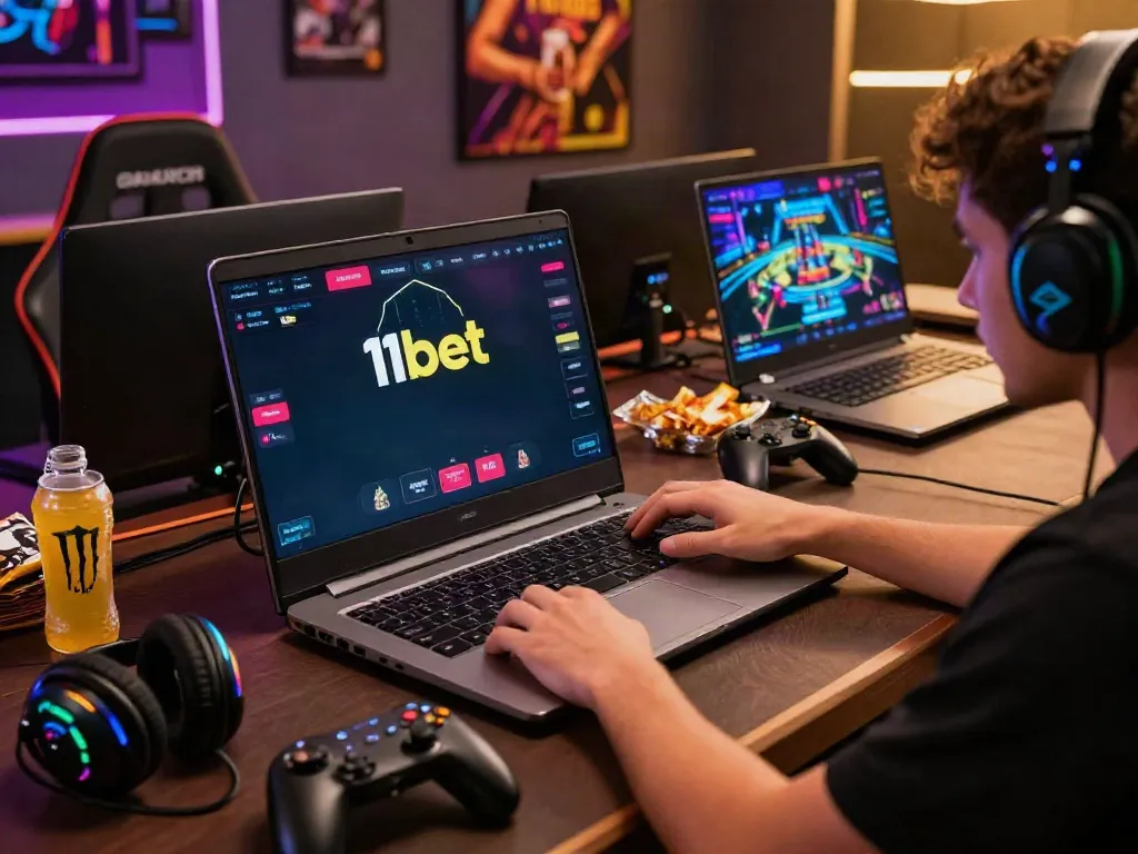 Engaging online gaming scene featuring 11bet platform and gaming gear