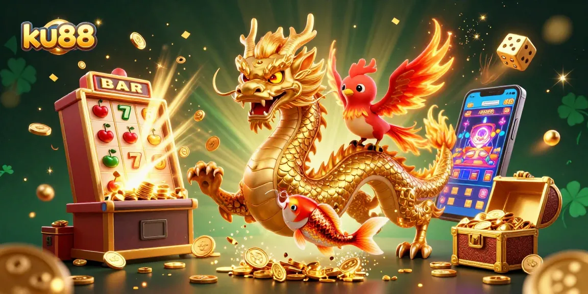 Experience excitement at ku88 with a vibrant 3D casino illustration featuring dynamic game elements and mythical characters.