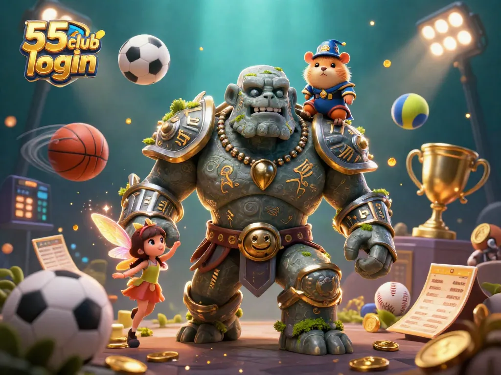 Engage with your 55 club login experience in this dynamic 3D illustration showcasing exciting gaming elements and characters.