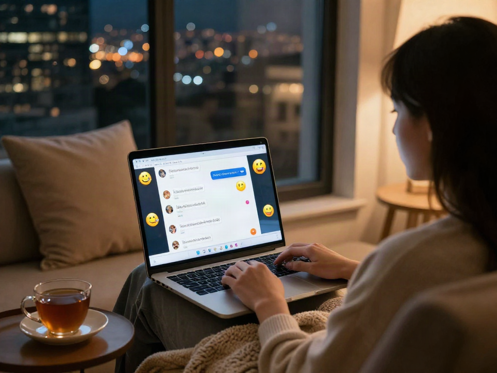 Engaging interaction in a cozy setting showcasing sex chat ai on laptop, emphasizing emotional connectivity.