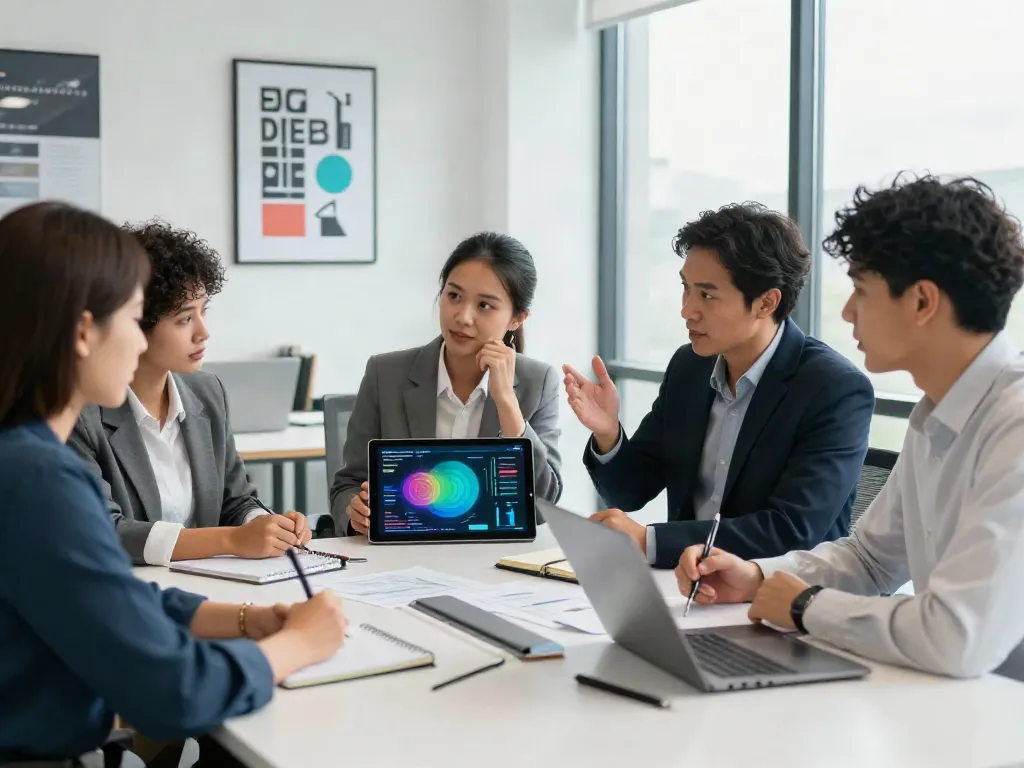 Business professionals exchanging advice in a bright office during a strategy meeting.