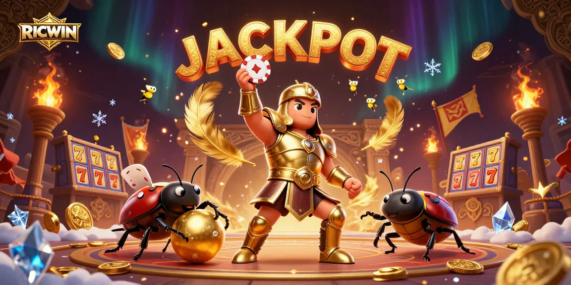 Win with RICWIN as the triumphant beetles celebrate a jackpot in a vibrant casino arena.