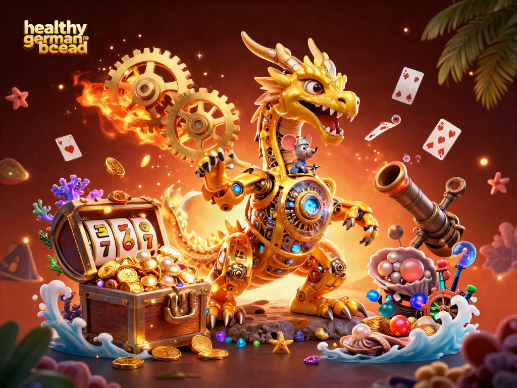 Experience the thrill of healthygermanbread with a cartoon dragon unleashing a jackpot of treasures and gambling fun.