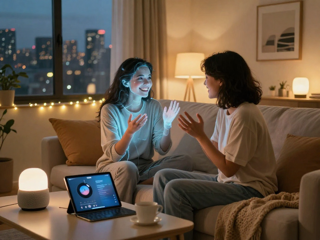 AI girlfriend providing emotional support in a cozy living room setting