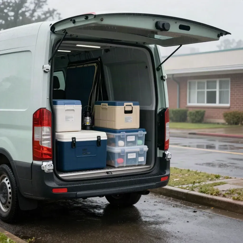 Clinic van loaded with vaccine coolers and cold-chain crates in dawn drizzle