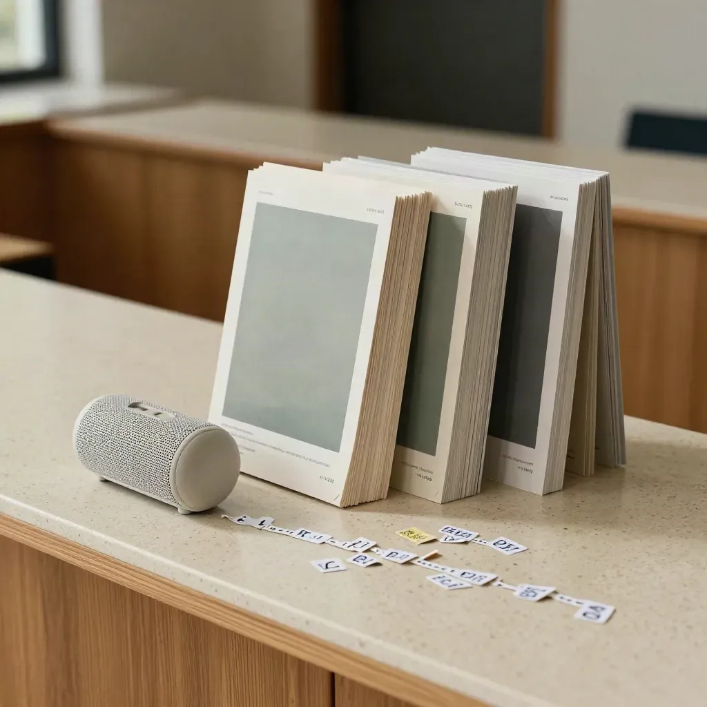 Folded outreach frames, flyer stacks, map chips and a portable speaker on travertine.