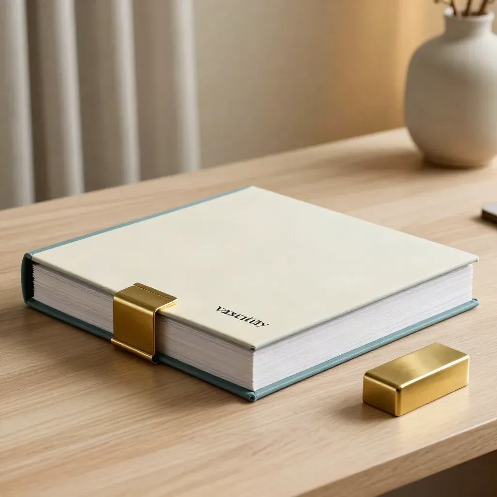 Closed policy briefing folio with brass paperweight and teal tabs on pale oak in warm light