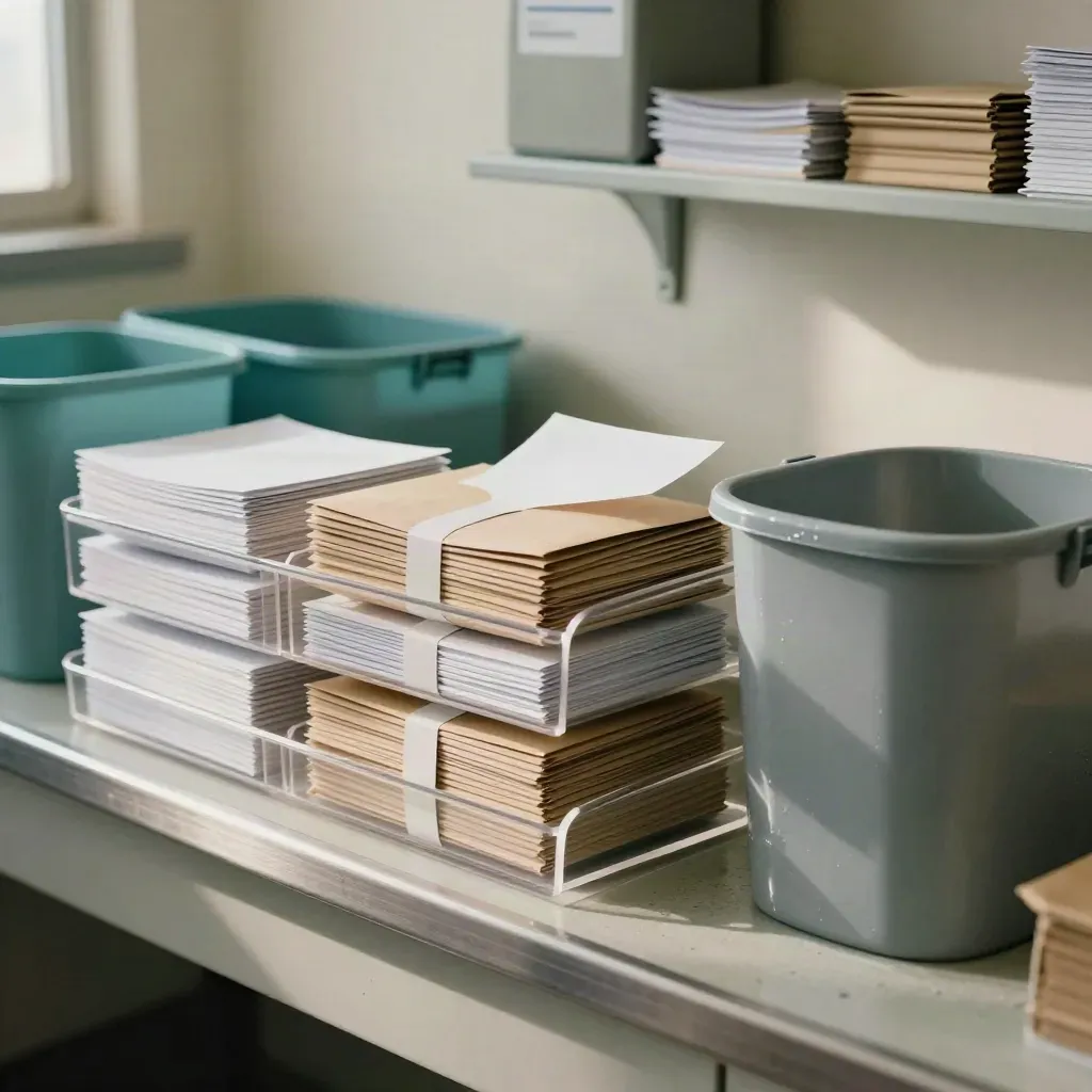 Mail-sorting trays, sealed bundles and teal return bins in a civic dispatch room