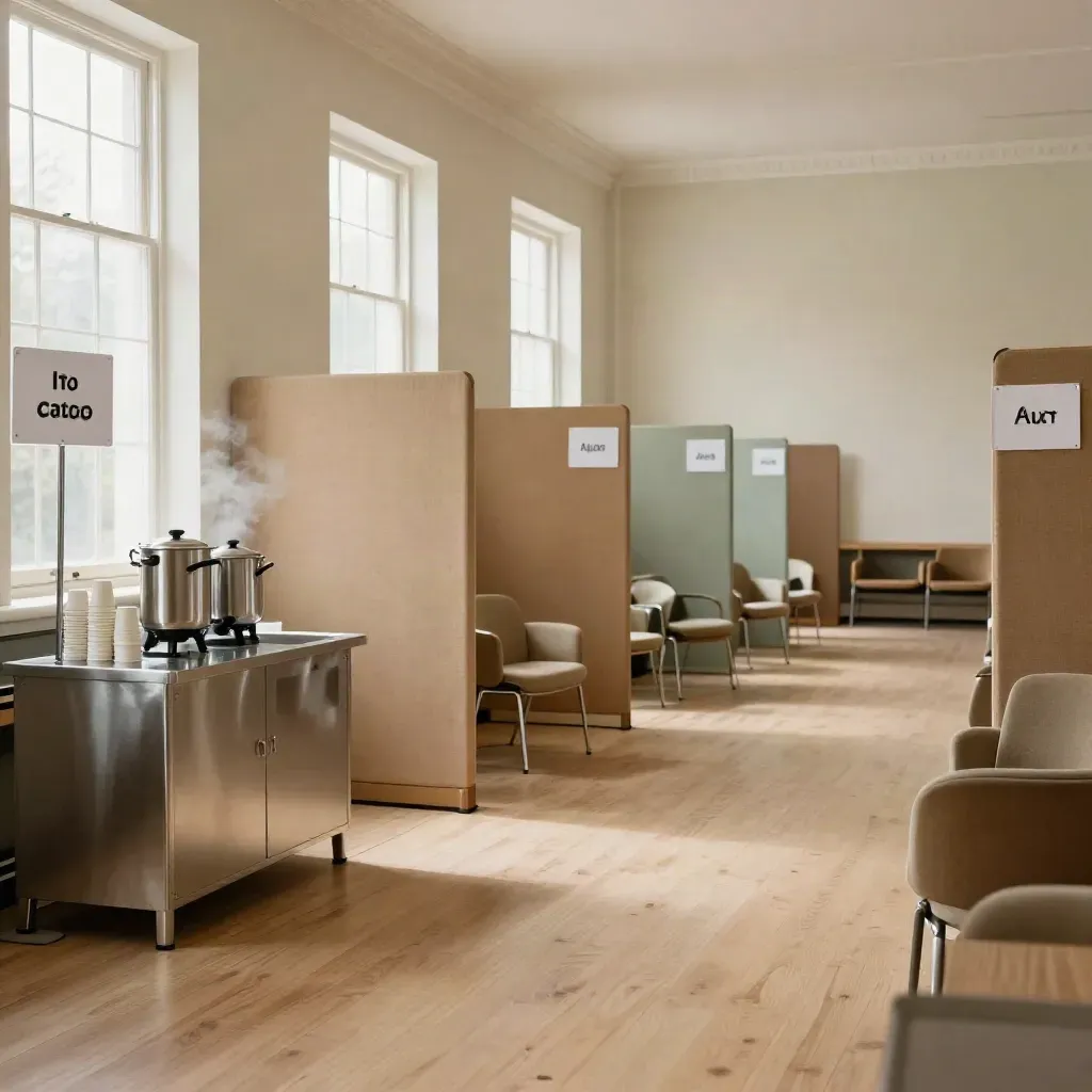 Empty community hall vaccine setup with tea station, chairs, and fabric partitions