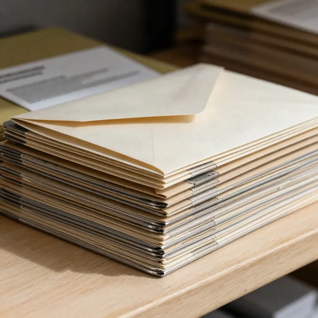 Macro of venue tokens, turned fabric labels and sealed outreach envelopes on a packing bench.