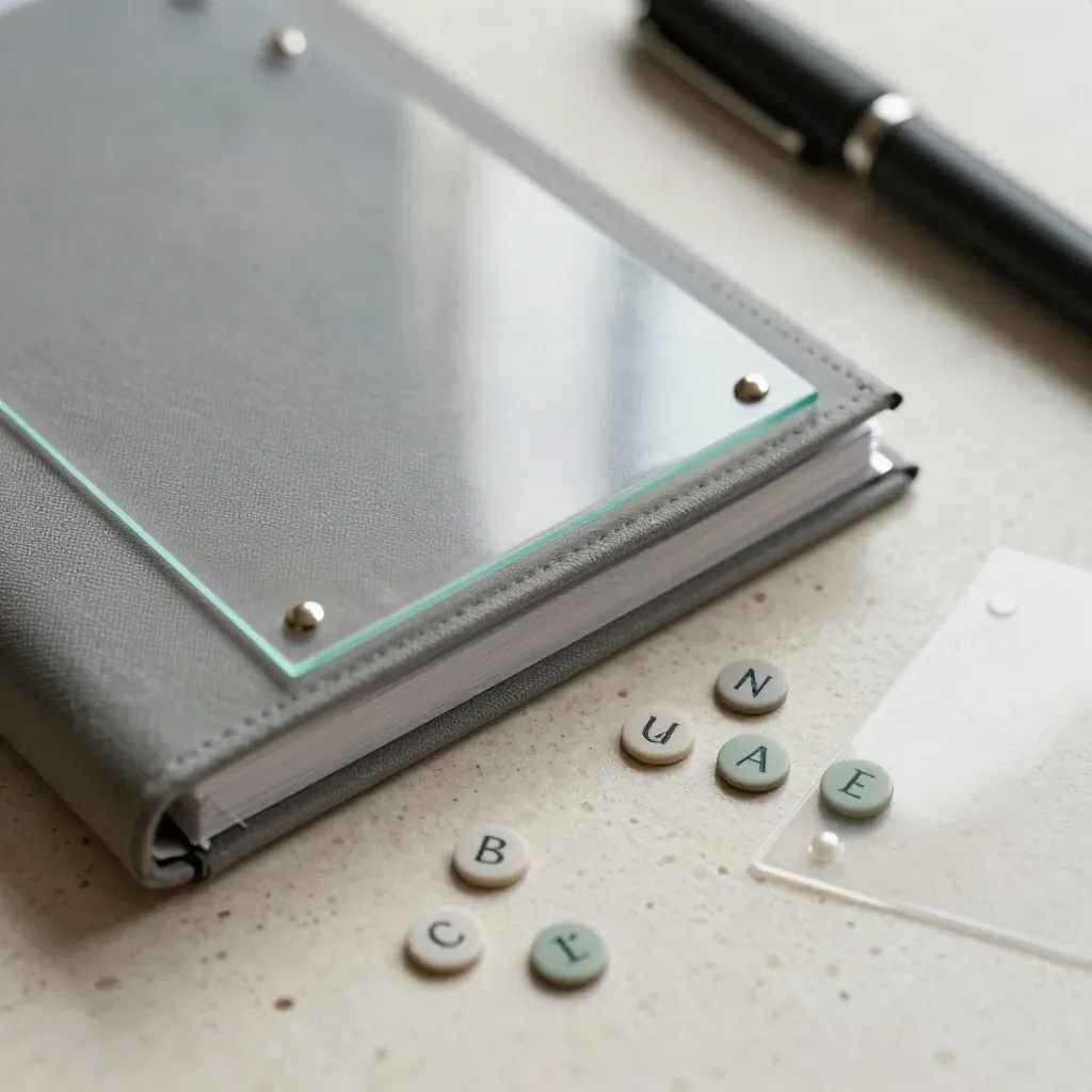 Macro audit kit with binder, acetate overlays, postcode pins and pen case on travertine.