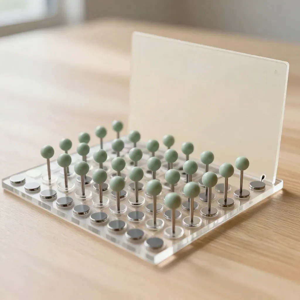 Magnetic dots and acrylic markers cluster on pale wood under soft side light.
