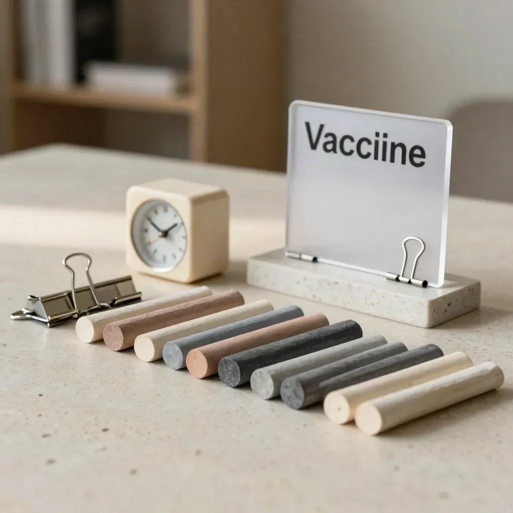 Muted task tokens, binder clips, and a desk timer on pale stone in a calm consulting vignette.