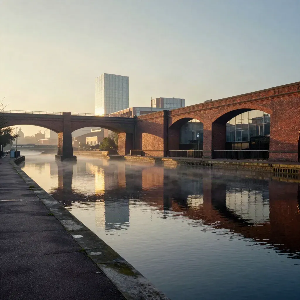 Sunrise over Birmingham canal basin with viaducts, still water, haze, and golden reflections.