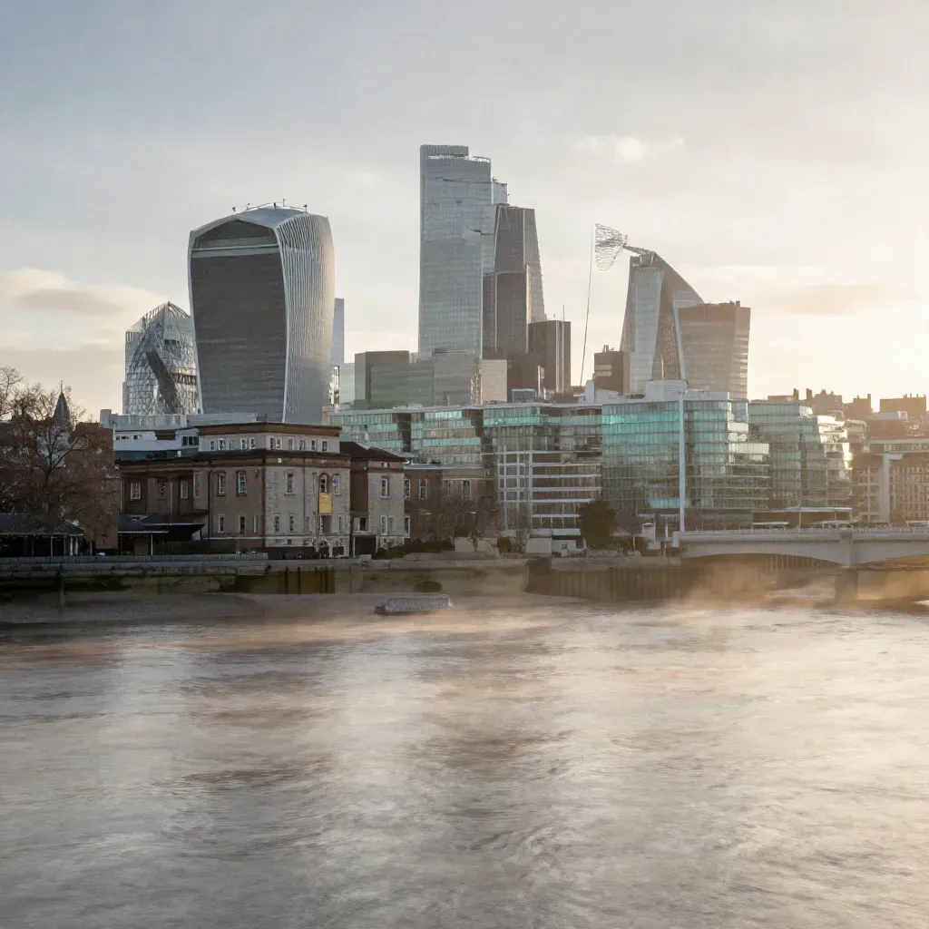 Hazy dawn over the Thames with London skyline, calm river, and misty riverside stone.