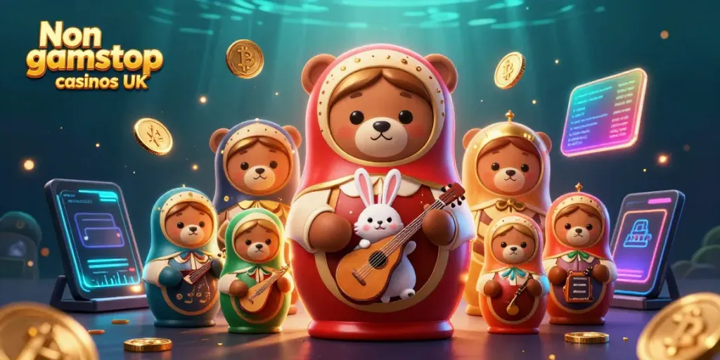 Engaging scene of Non gamstop casinos UK showcasing 3D cartoon bears and casino elements.