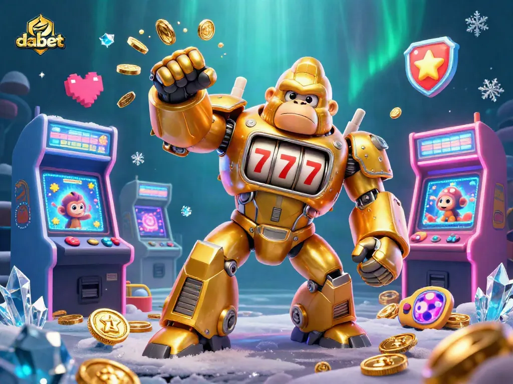 Dabet features a golden gorilla mech amidst dynamic casino elements, showcasing exciting gaming action.