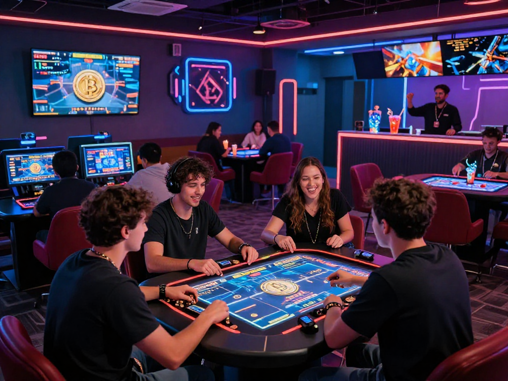Crypto casino vibrant gaming lounge with diverse players engaged in live action.
