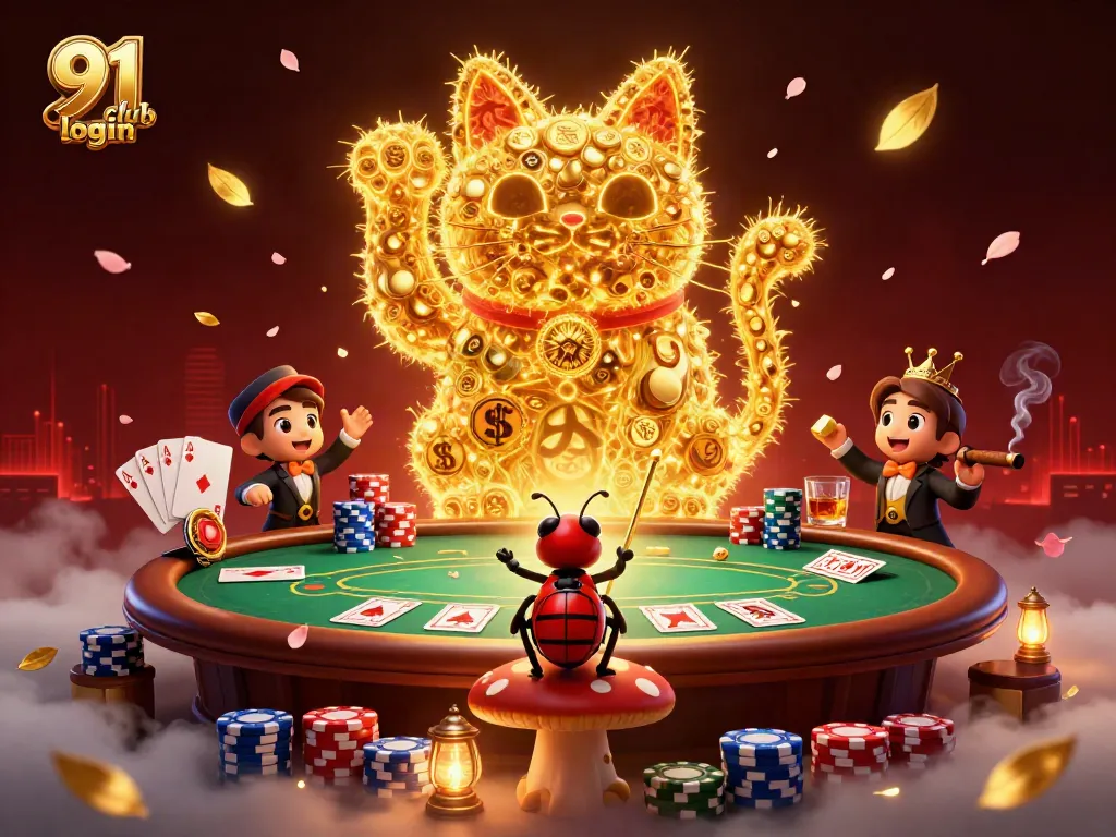 Engage with the 91 club login for exciting casino games featuring a lucky cat and vibrant poker elements.