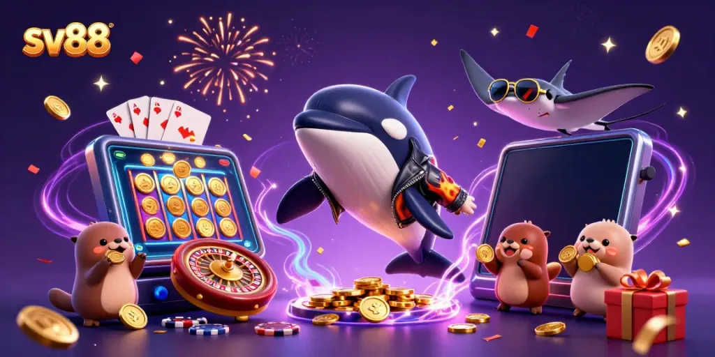 Experience exciting gambling action with sv88 featuring a dynamic 3D cartoon scene of characters embracing gaming elements.