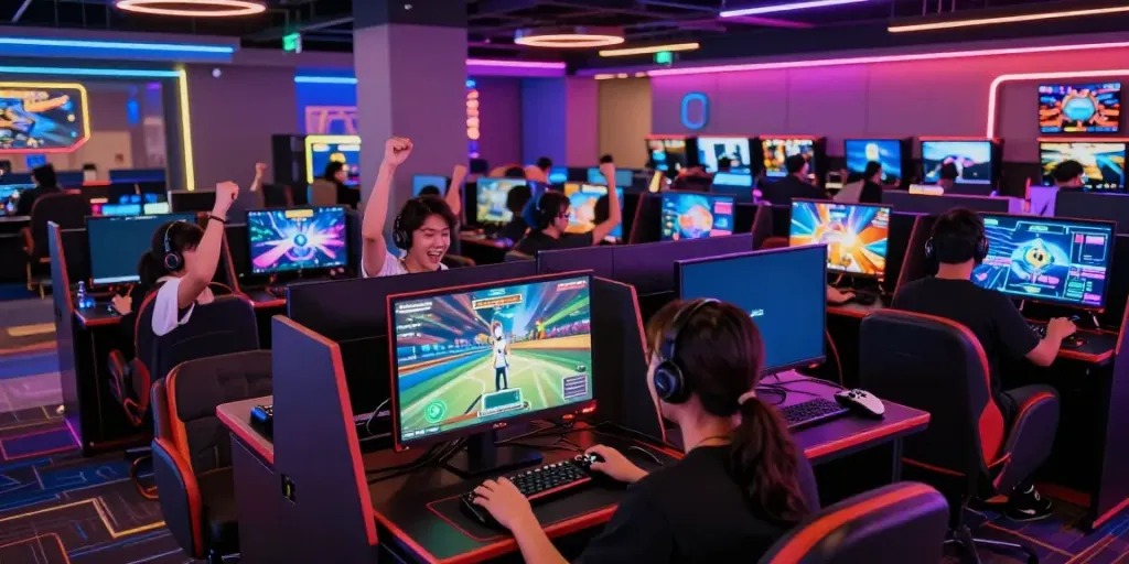 Exciting gaming atmosphere at http://sin88-onl.com/ showcasing players engaged in electronic games.