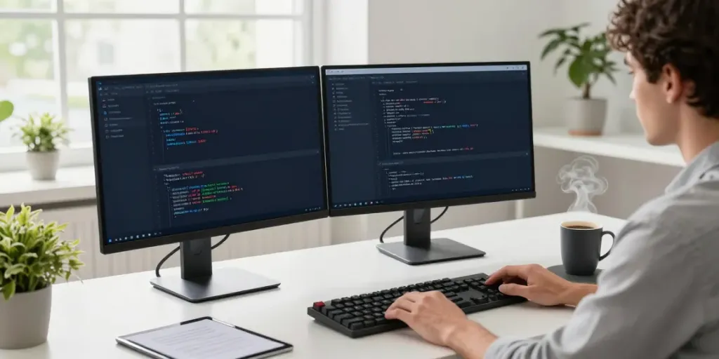 Developer implementing instant indexing in a modern tech workspace.