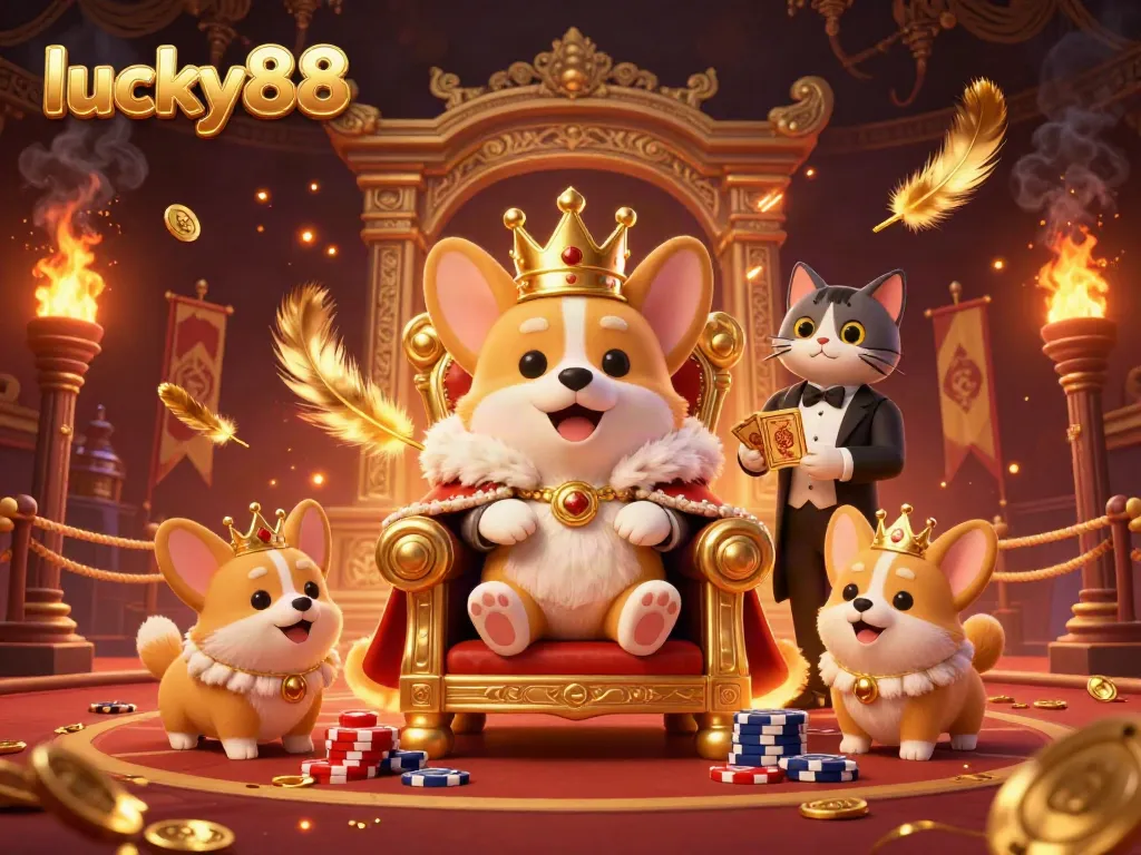 Engaging scene showcasing lucky88's royal corgi mascot at a vibrant casino-themed setting.