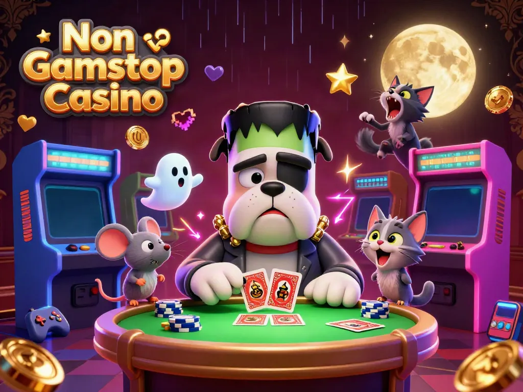 Engage with the Non Gamstop Casino experience as illustrated by a cartoon Frankenstein bulldog dealer.
