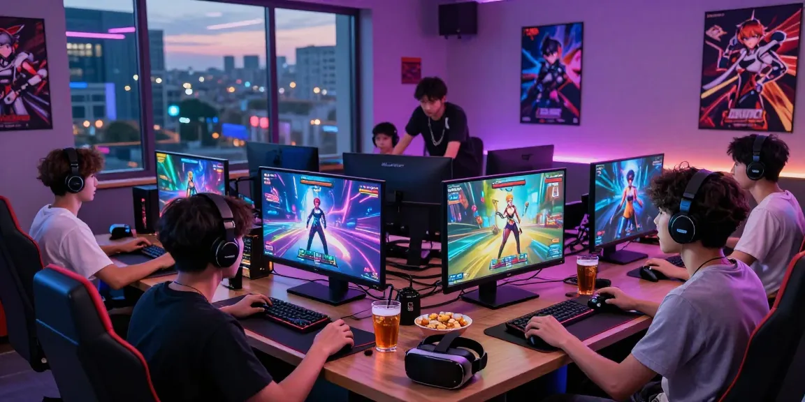Group enjoying AI hentai games in a vibrant gaming lounge atmosphere