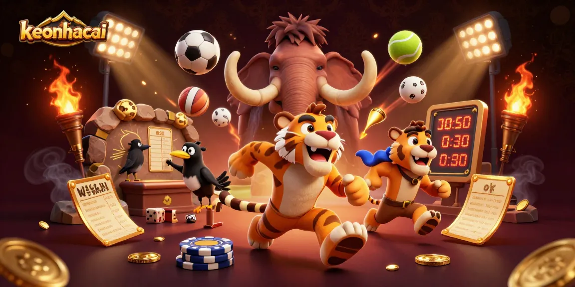 Experience keonhacai thrills with ancient characters at a dynamic gaming scene full of sports elements.