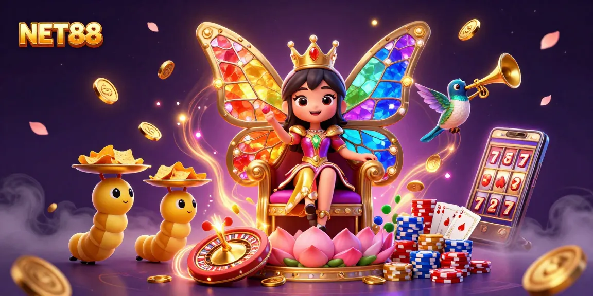 Engage in NET88’s vibrant casino world with a dazzling 3D butterfly queen illustration.