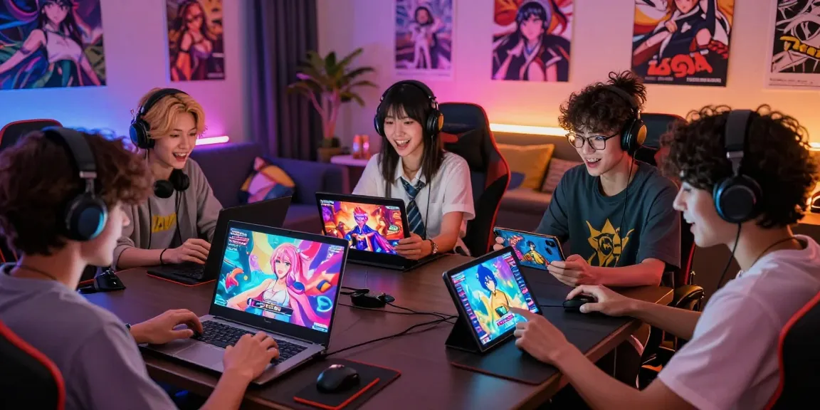 Group of gamers enjoying ero games on multiple devices in a gaming den.