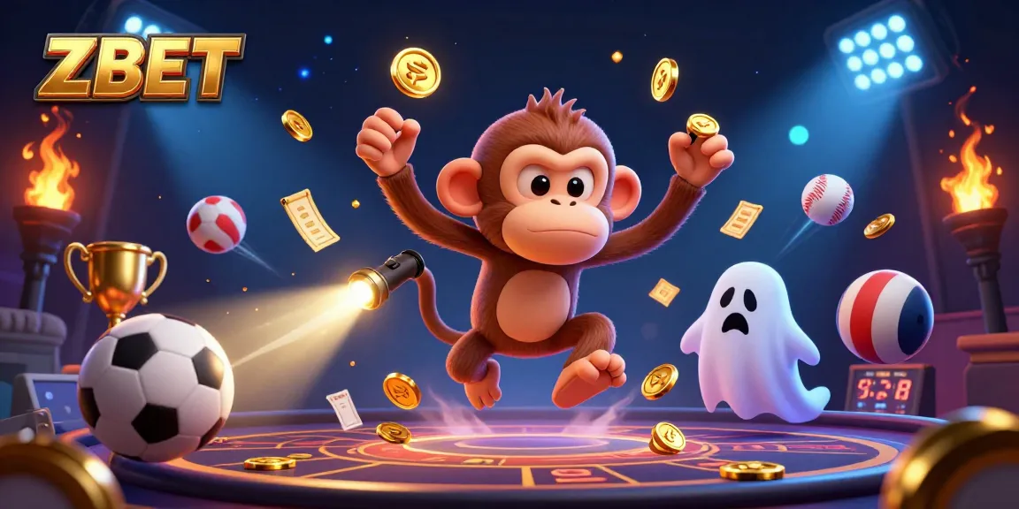 Engage with ZBET by exploring a vibrant, dynamic casino scene featuring a playful ghostly monkey and a curious puppy.