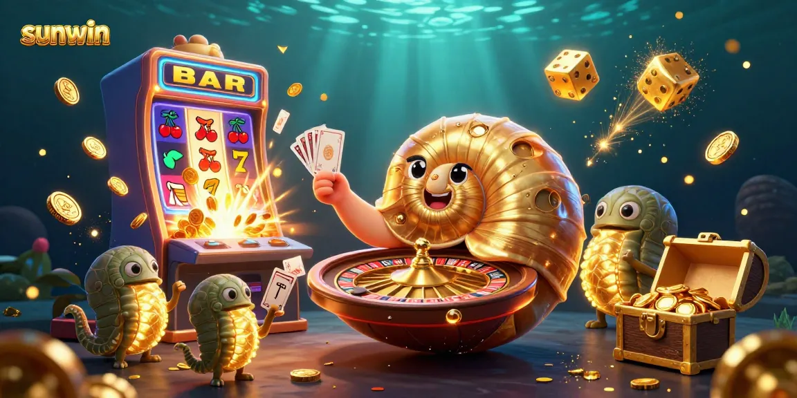 Experience the thrill of sunwin with a vibrant 3D casino scene featuring a giant nautilus as a roulette wheel.