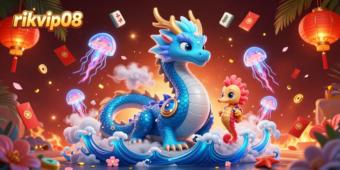 Engage in exciting adventures at rikvip08, featuring a vibrant underwater casino scene with enchanting dragons and glowing elements.