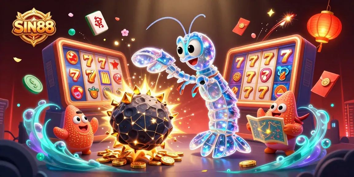 SIN88 captures thrilling casino action with a galactic shrimp amidst exploding treasures and vibrant game elements.