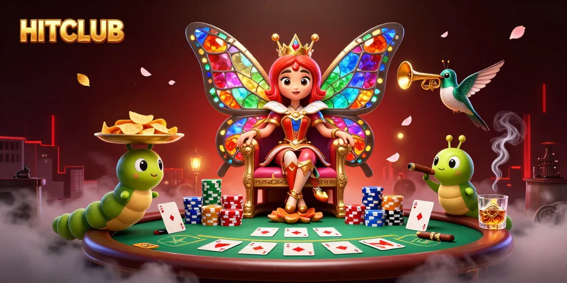 HitClub engaging players in a vibrant casino scene with poker elements and a whimsical butterfly queen.