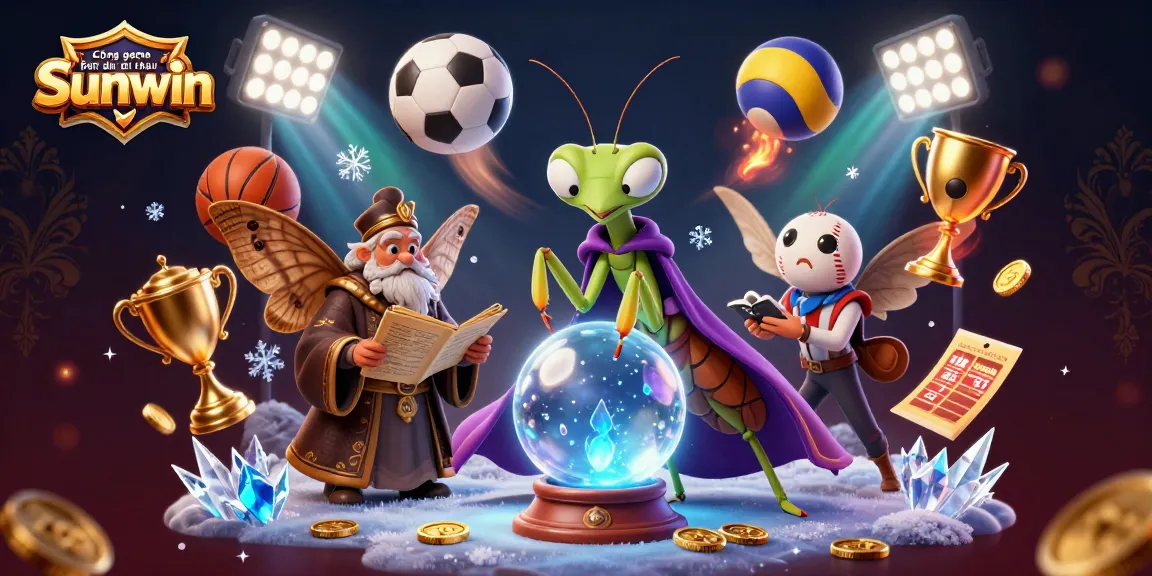 Cổng game bài đổi thưởng Sunwin showcases a vibrant 3D scene with fortune tellers and sports themes, depicting an exciting gambling experience.