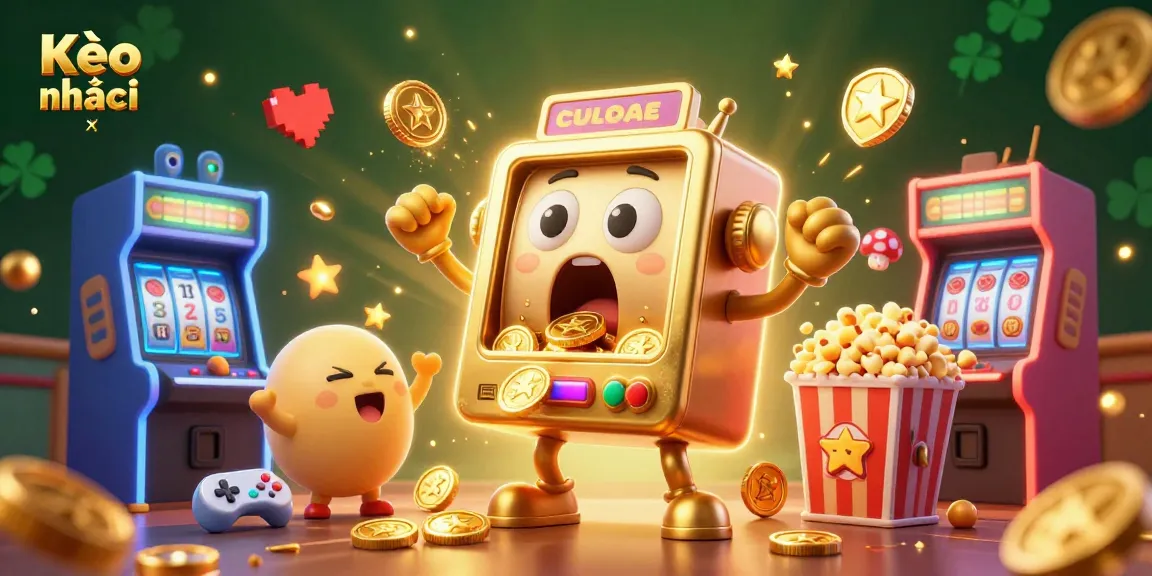 Kèo nhà cái slot machine hitting jackpot while coins pour out, a vibrant casino scene