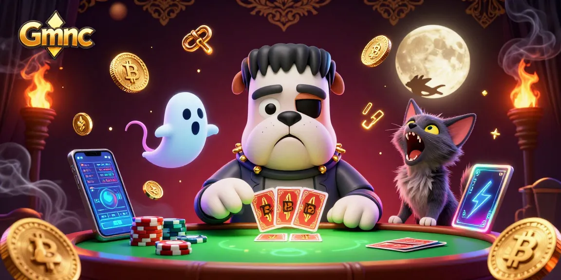 Experience Gmnc's thrilling card game action with a cartoon monster dealer amidst vibrant casino elements.