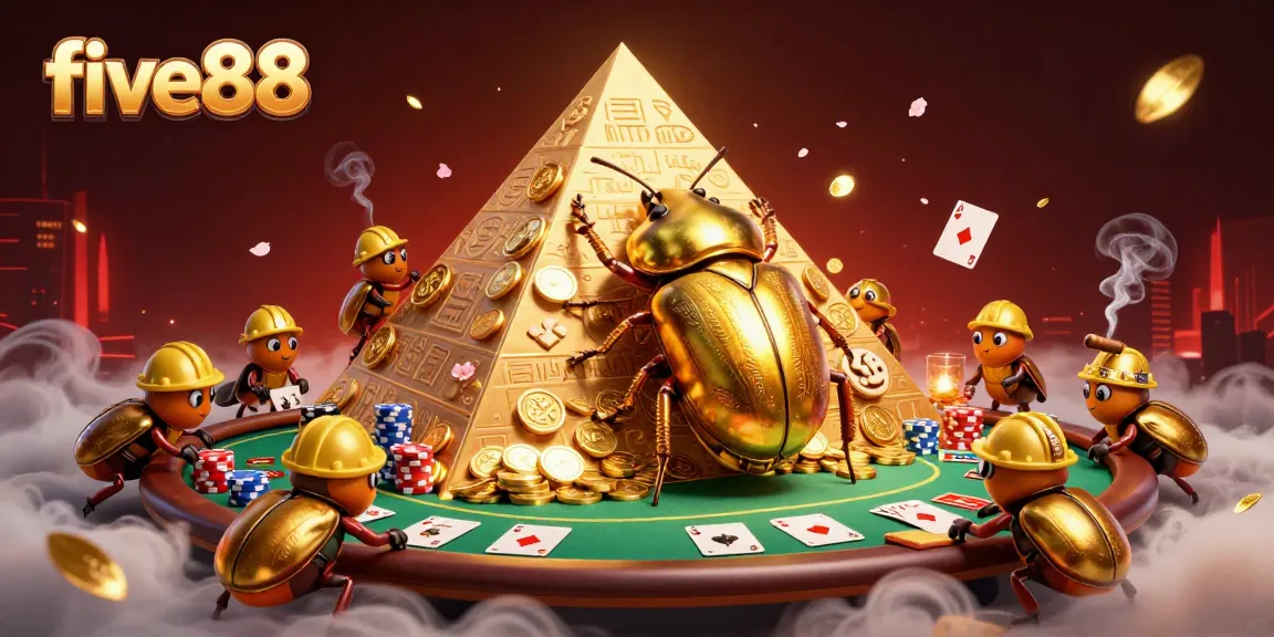 Engage with five88's vibrant casino scene featuring golden beetles and poker elements.