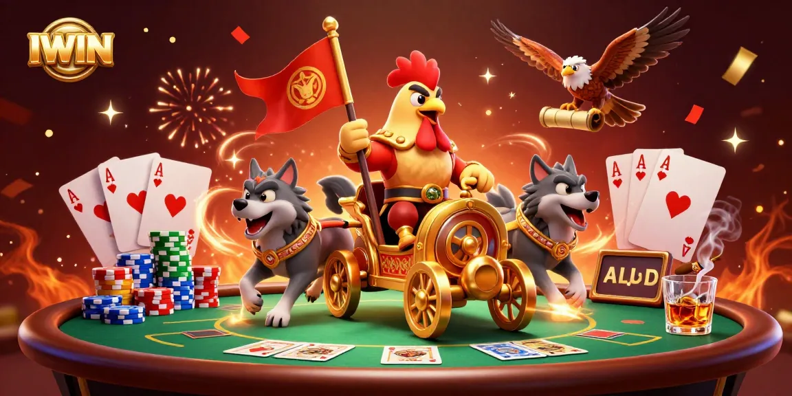 IWIN players enjoy vibrant poker action with a cartoon rooster warlord, poker chips, and festive celebrations.