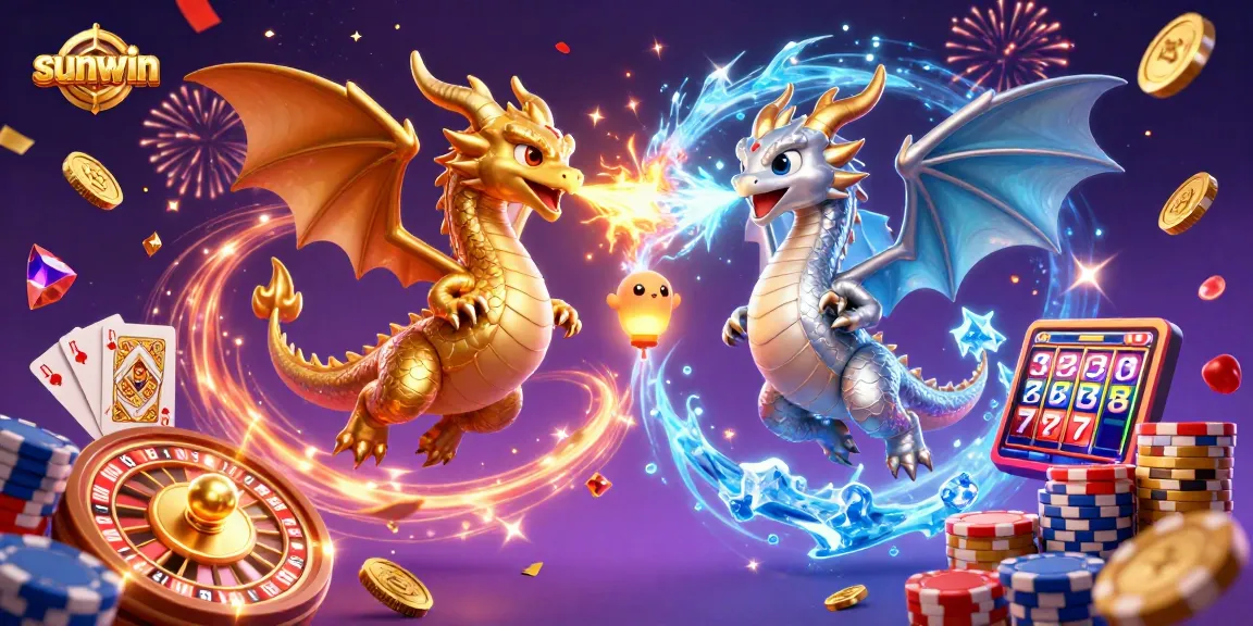 Experience excitement at sunwin as golden and silver dragons battle amidst golden coins and casino elements.