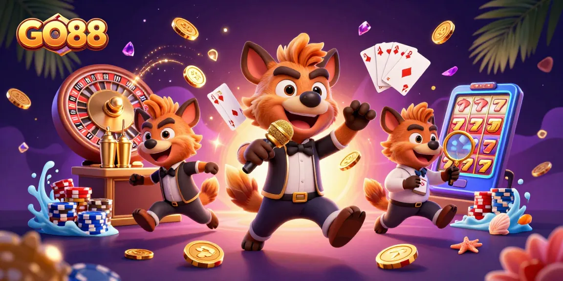 Experience the vibrant GO88 casino club atmosphere with hyenas at a comedy club, colorful chips, and golden games.