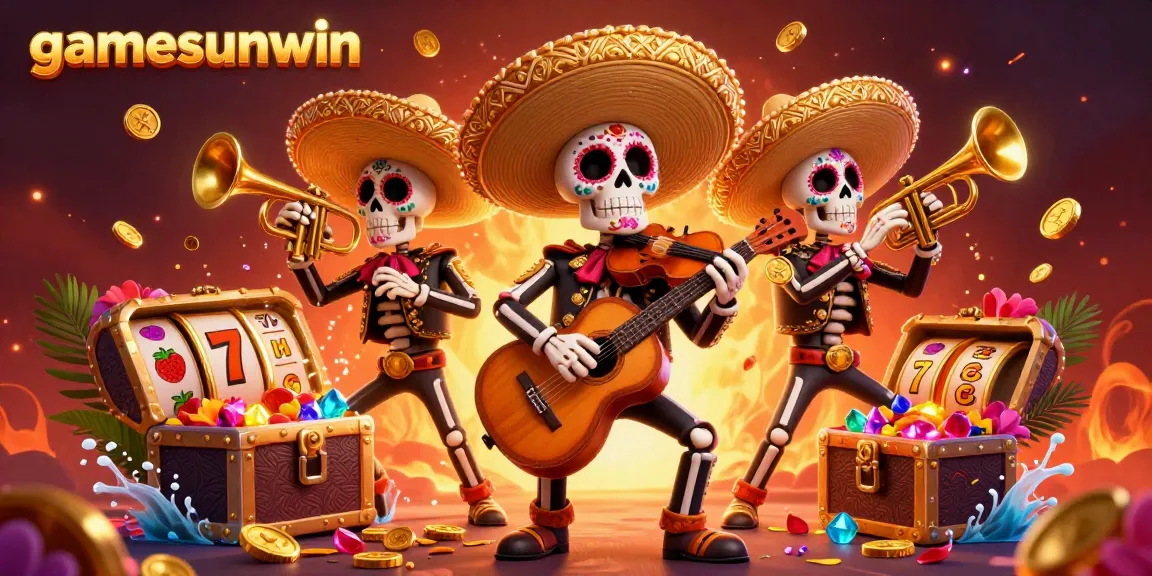 Experience the fun of gamesunwin with a vibrant 3D illustration of a mariachi band surrounded by casino elements.