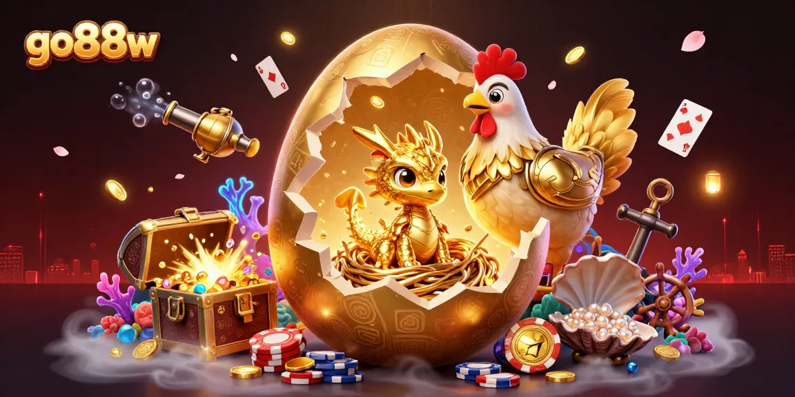 Engage with the thrilling world of go88w featuring a golden baby dragon amidst rich casino elements.