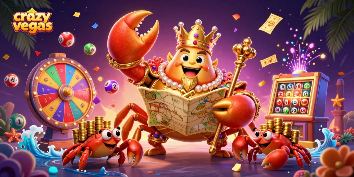 Experience the thrill of crazyvegas with a colorful 3D illustration of a golden crab emperor overseeing vibrant casino elements.